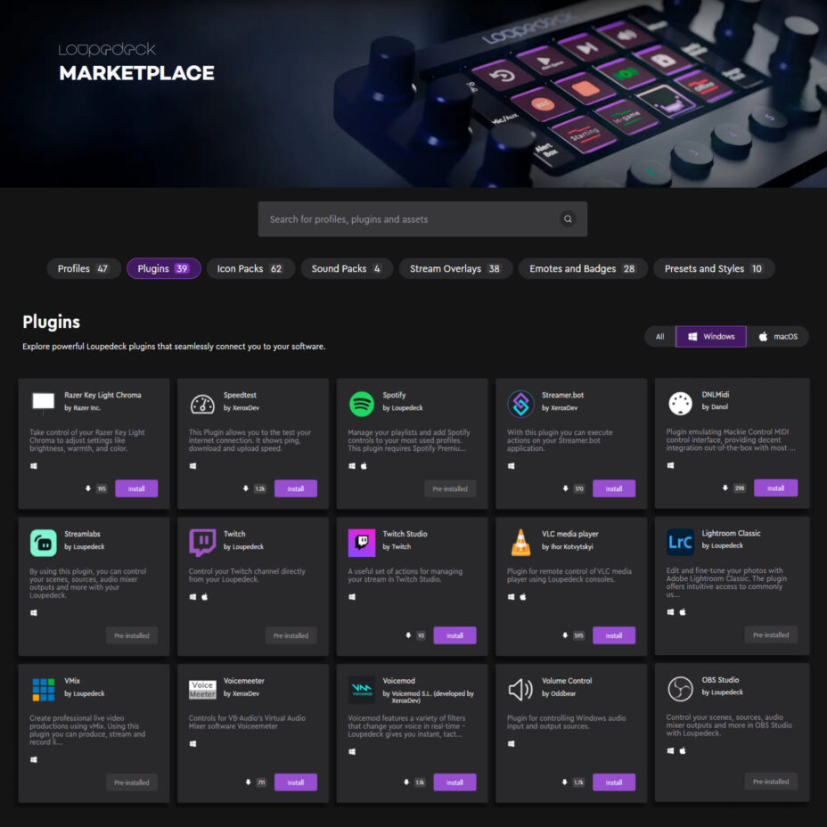 Plugins for the Loupedeck custom consoles available in the Loupedeck Marketplace