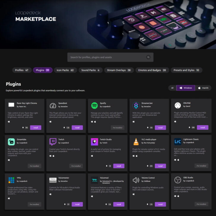 Plugins for the Loupedeck custom consoles available in the Loupedeck Marketplace