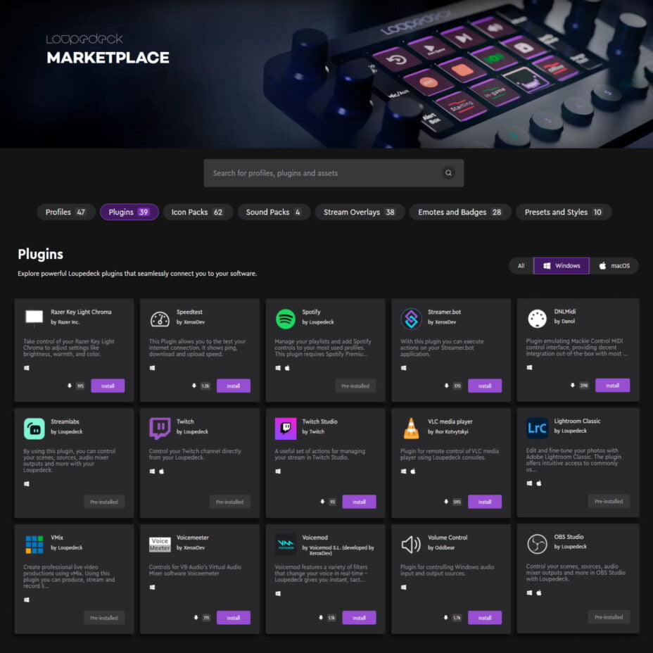 Plugins for the Loupedeck custom consoles available in the Loupedeck Marketplace