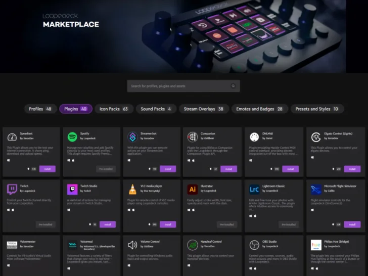 Loupedeck Plugins available in the Marketplace of the Loupedeck Software